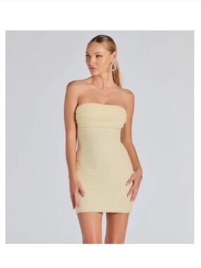 Windsor Pale Yellow Strapless Glitter Slip Mini Dress